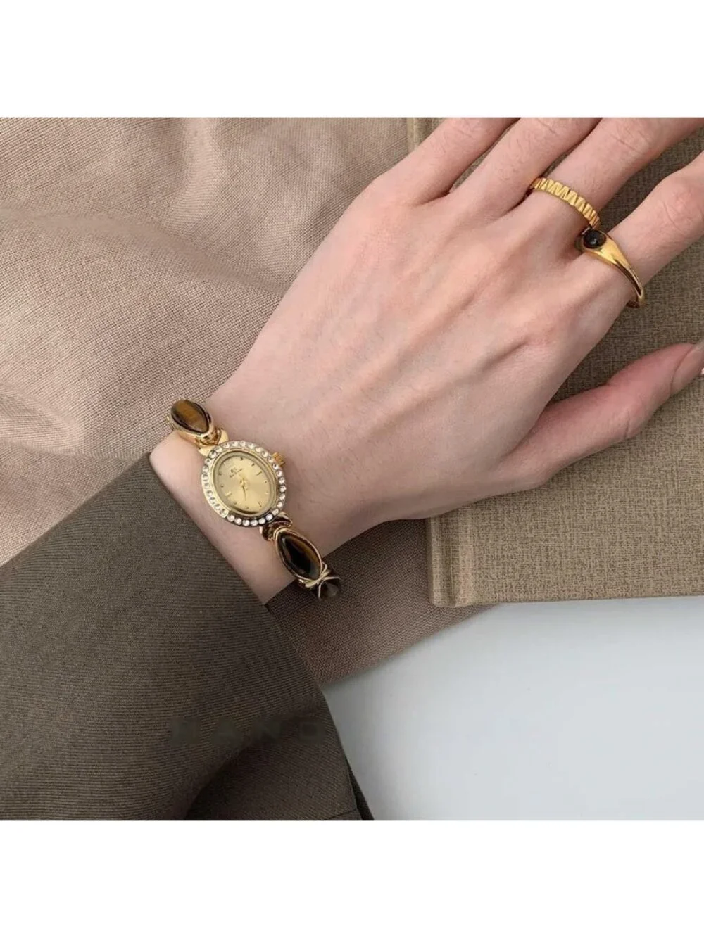 Women's Diamond Brown Analog Quartz Oval Dainty Vintage Bracelet Luxury Watch